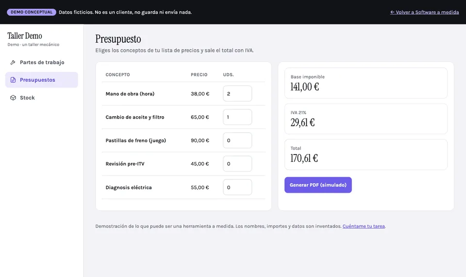 Demo de software para taller: presupuesto con base imponible, IVA y total